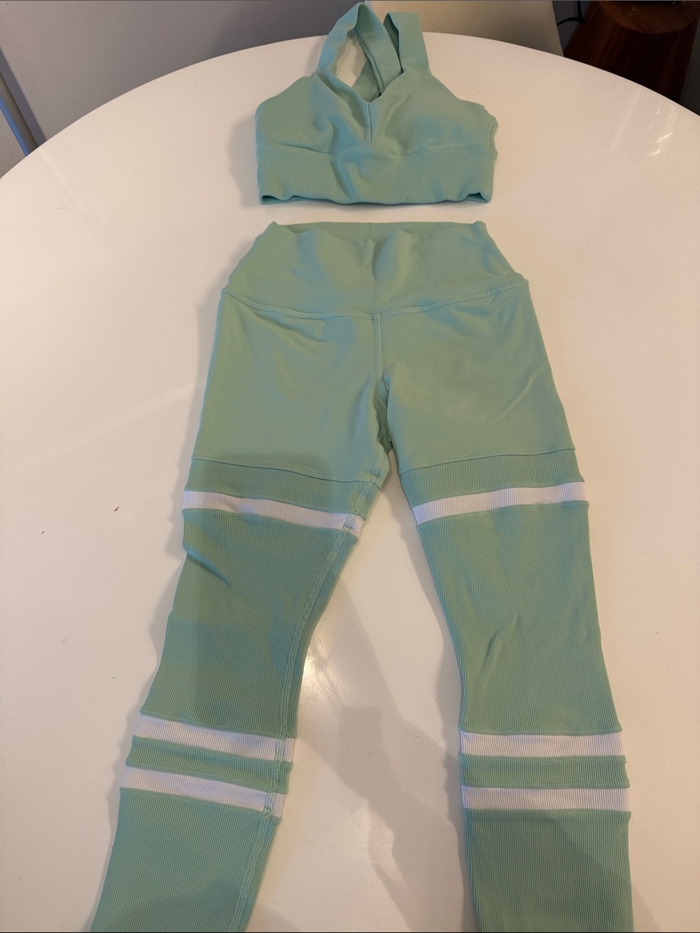 ALO Yoga Kids Mint Green Leggings with White Stripe Accents